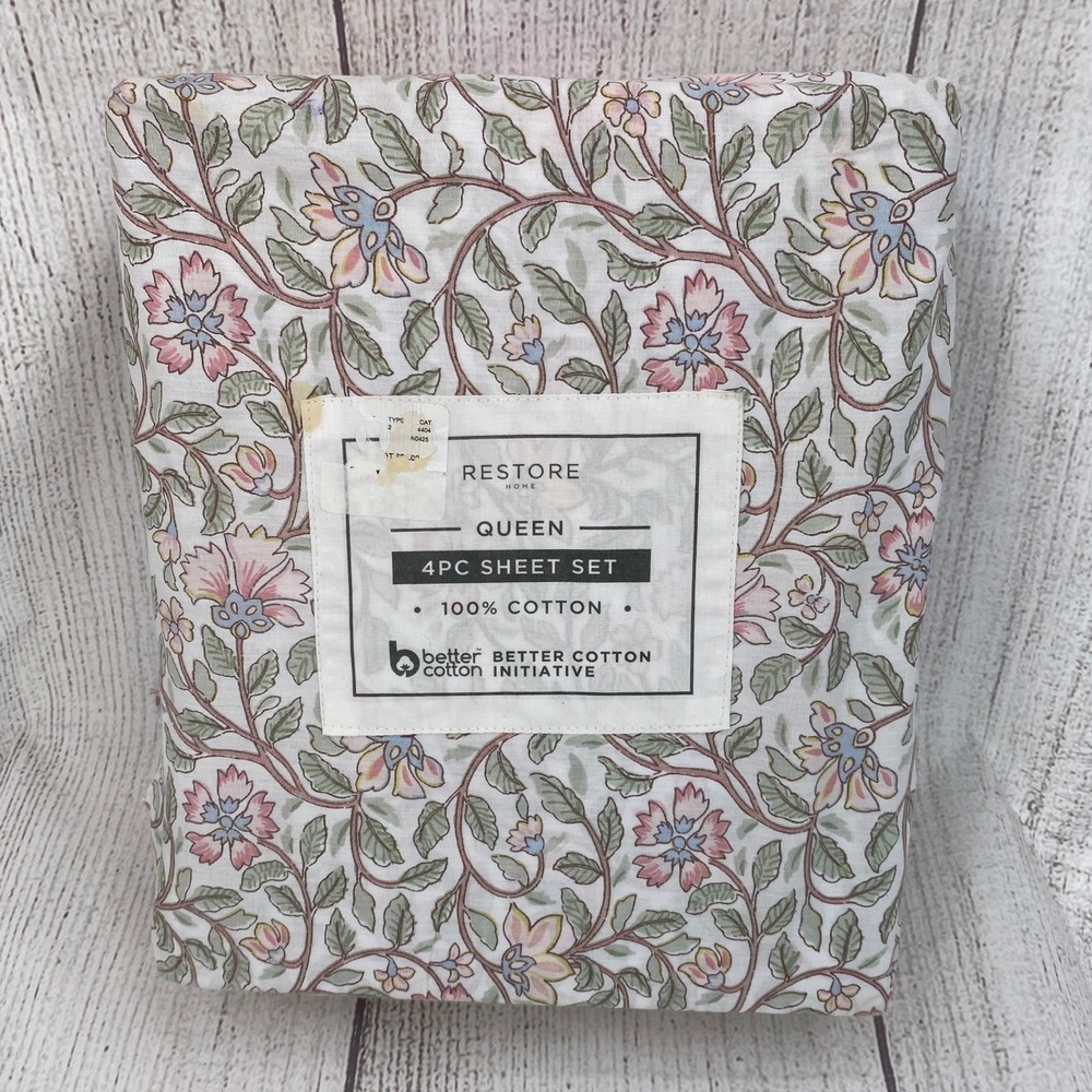 Restore Home Sheet Set Queen White Green Floral 100% Cotton Deep Pocket Garden